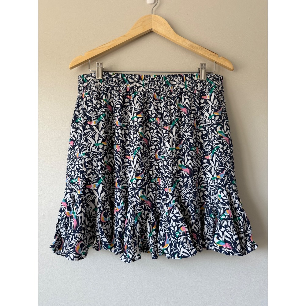 LOFT‎ Womens Navy Blue Tropical Bird Floral Smocked Mini Skirt Ruffle Hem Large